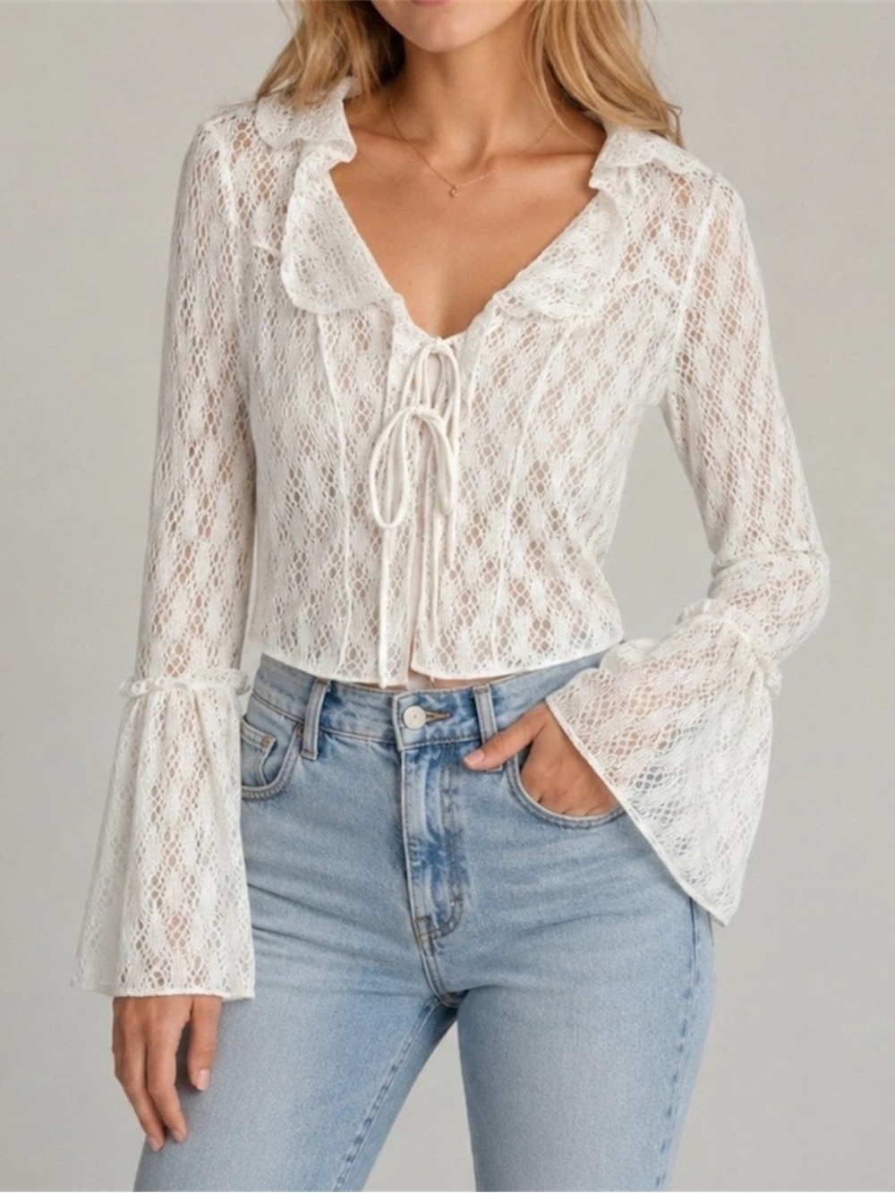 Urban Outfitters Gossamer White Crochet Flyaway Ruffle Lace Bell Sleeve Top M